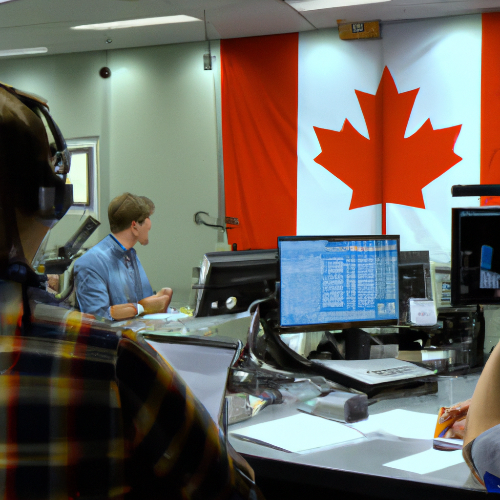 Photorealistic Canadian newsroom classroom with students collaborating on data dashboards, cameras and microphones; Canadian flag in background.